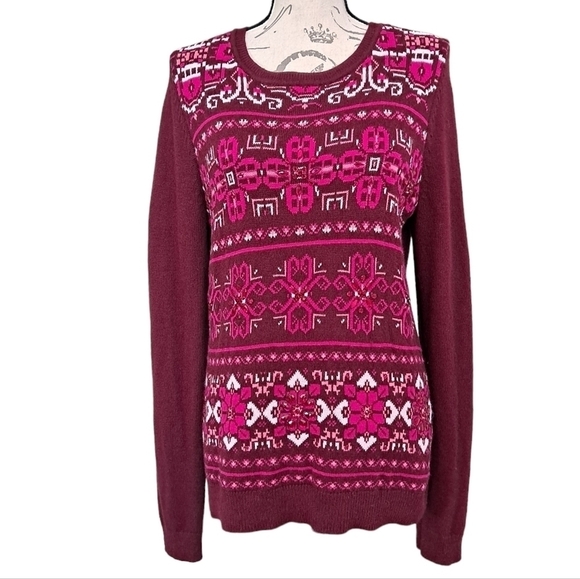 Talbots Pink Lambswool Womens Fair isle knit Crew Neck Beaded crystal sweater M - Picture 4 of 16